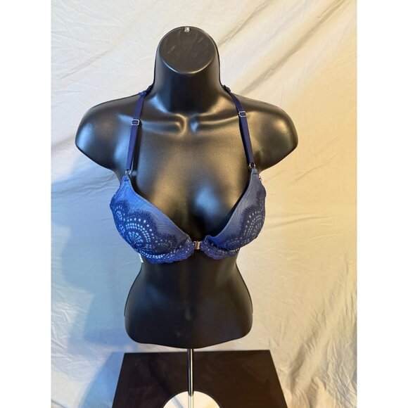 Victoria's Secret Navy Lace Crochet Bra Womens Size 32C Front Clasp - Picture 1 of 3